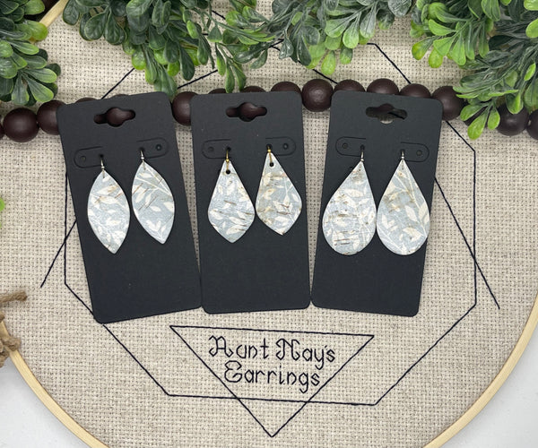 Light Blue Cork with a White Leaf Print on Leather Earrings