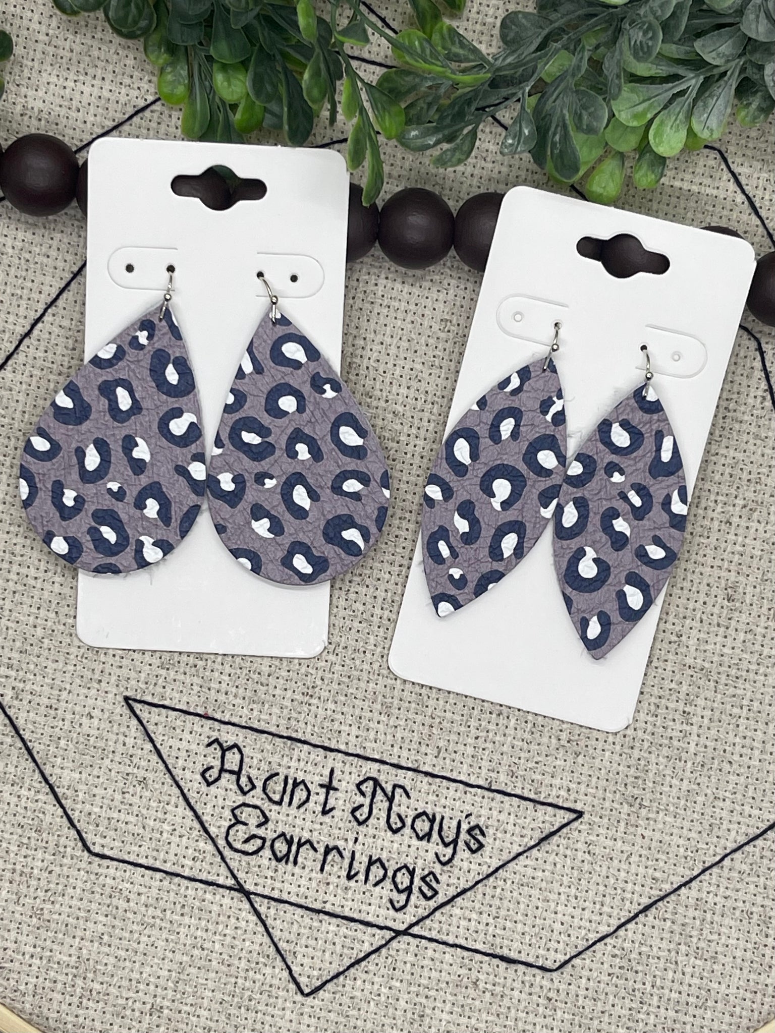 Taupe White and Black Leopard Leather Earrings