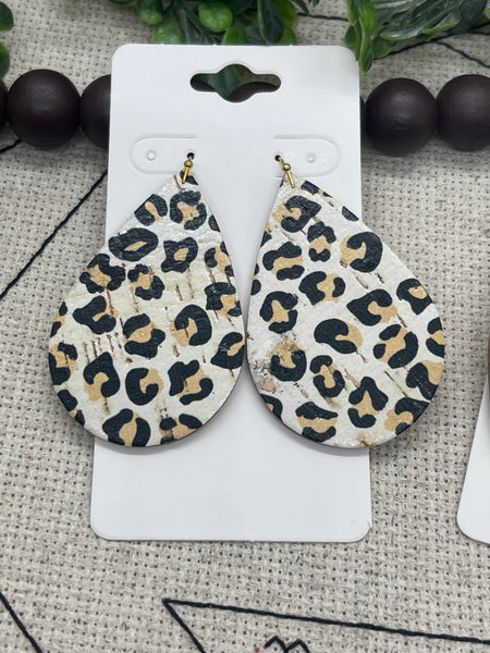 Cream Cork with Tan and Black Leopard Print on Leather Earrings