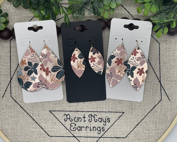 Rose Gold Metallic Leather with a Big Navy and Pink Floral Print Earrings