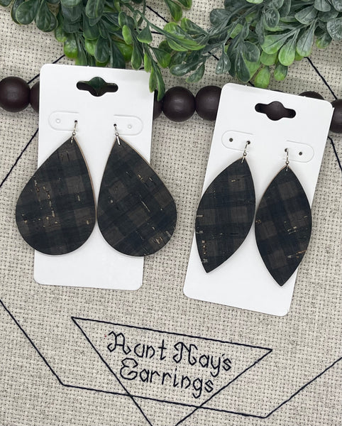 Black and Gray Buffalo Plaid Cork Earrings