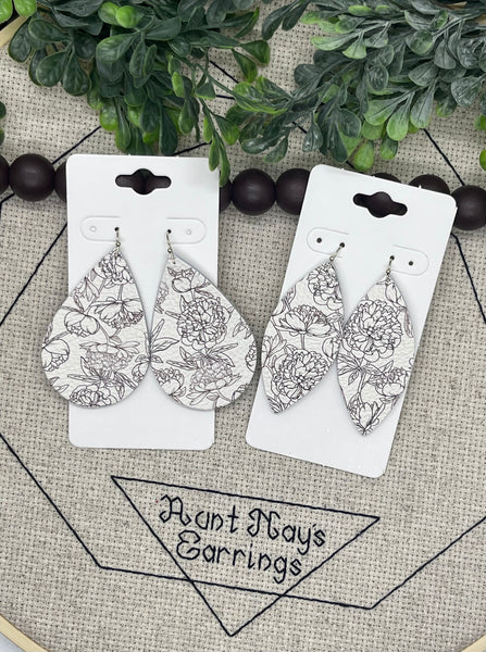 White Leather with Dark Gray Line Flower Print Earrings