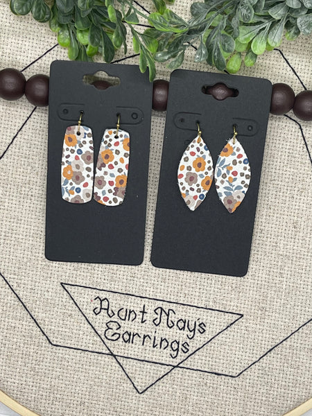 White Leather with a Vintage Flower Print in Taupe and Yellow Earrings