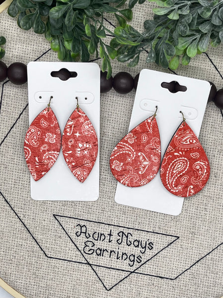 Red and White Bandana Print Cork on Leather Earrings
