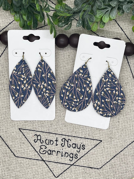 Blue Leather with a Cream and Green Flower Print Earrings