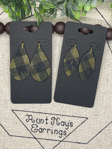 Black and Olive Green Buffalo Plaid Print Cork on Leather Earrings