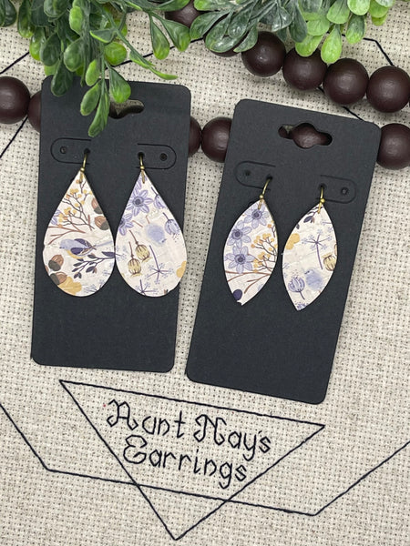 Cream Leather with Lavender and Brown Flower and Acorn Print Earrings