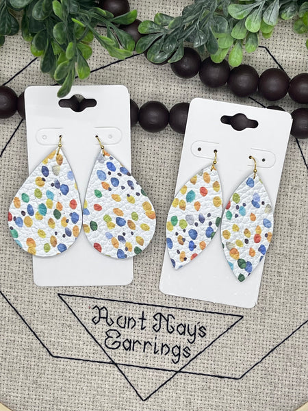 White Leather with Blue Red Green and Yellow Dobs Earrings