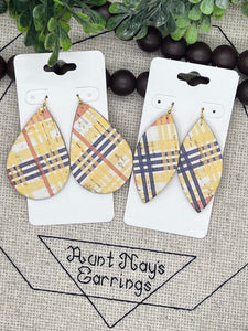 Yellow Orange and Blue Plaid Print Cork on Leather Earrings