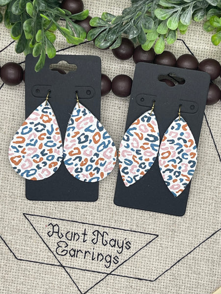 White Leather with Blue Pink and Tan Leopard Print Earrings