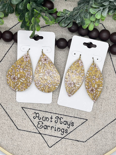 Golden Yellow Cork with a White and Pink Floral Print on Leather Earrings