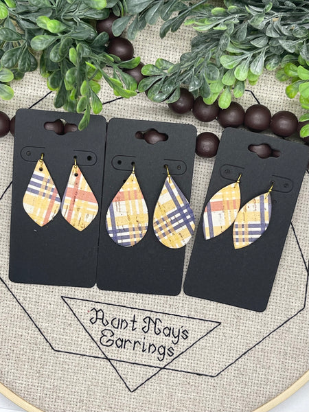 Yellow Orange and Blue Plaid Print Cork on Leather Earrings