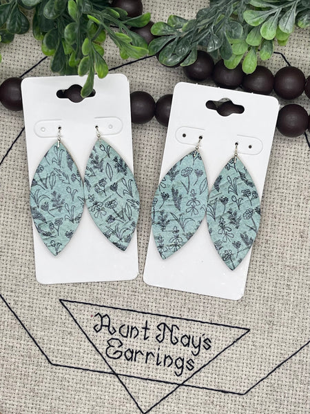 Turquoise Cork with Black Line Drawn Flower Print on Leather Earrings