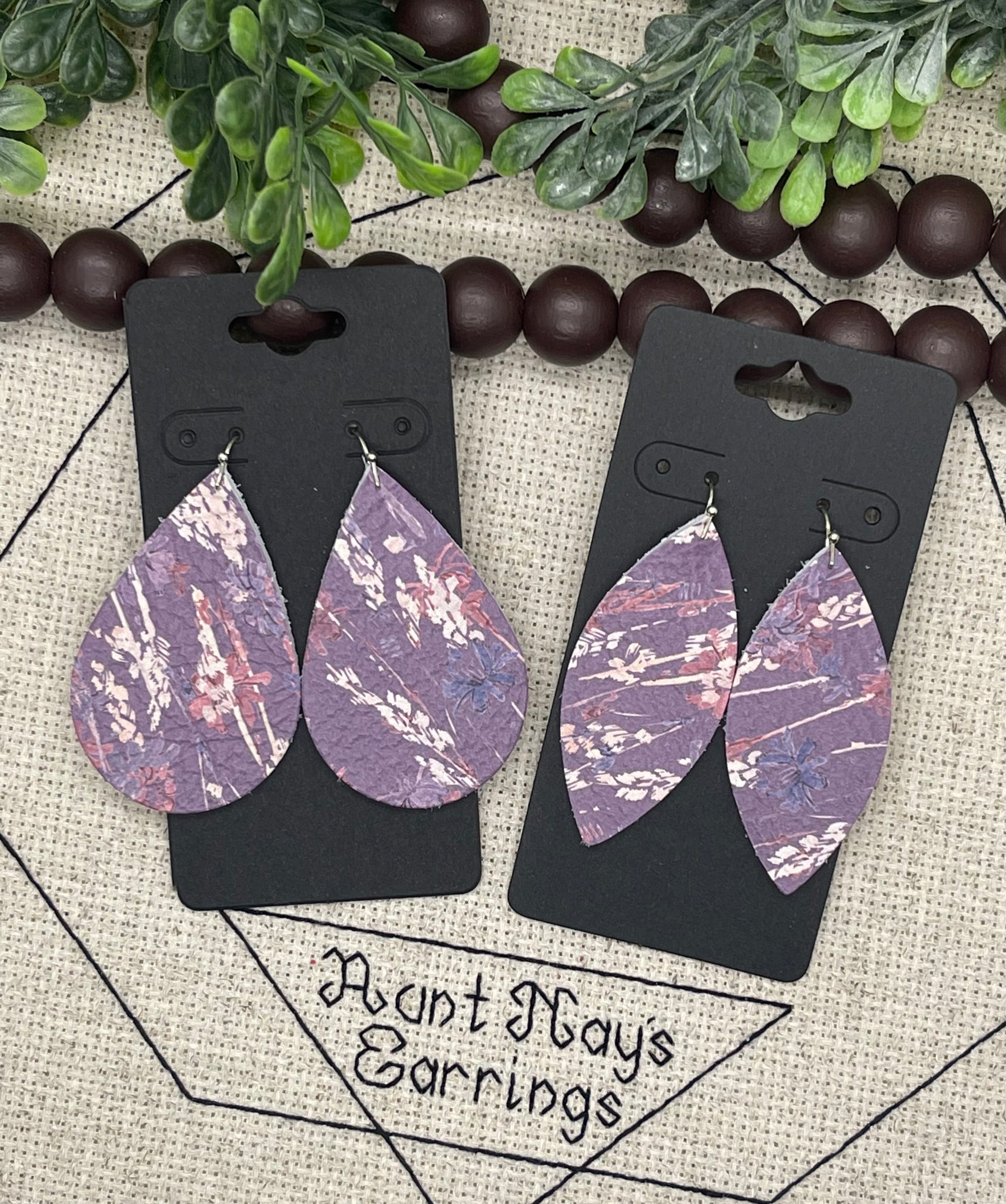 Dark Lavender Leather with Cream and Mauve Flowers Earrings