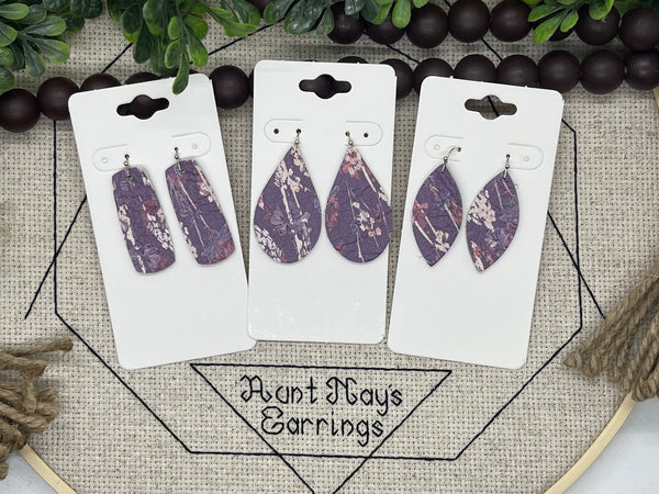 Dark Lavender Leather with Cream and Mauve Flowers Earrings