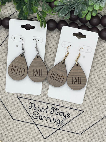 Hello Fall Teardrop Wood Earrings