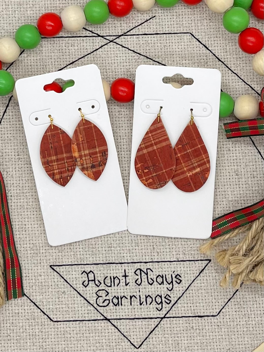Rust Red and Cork Plaid on Leather Earrings