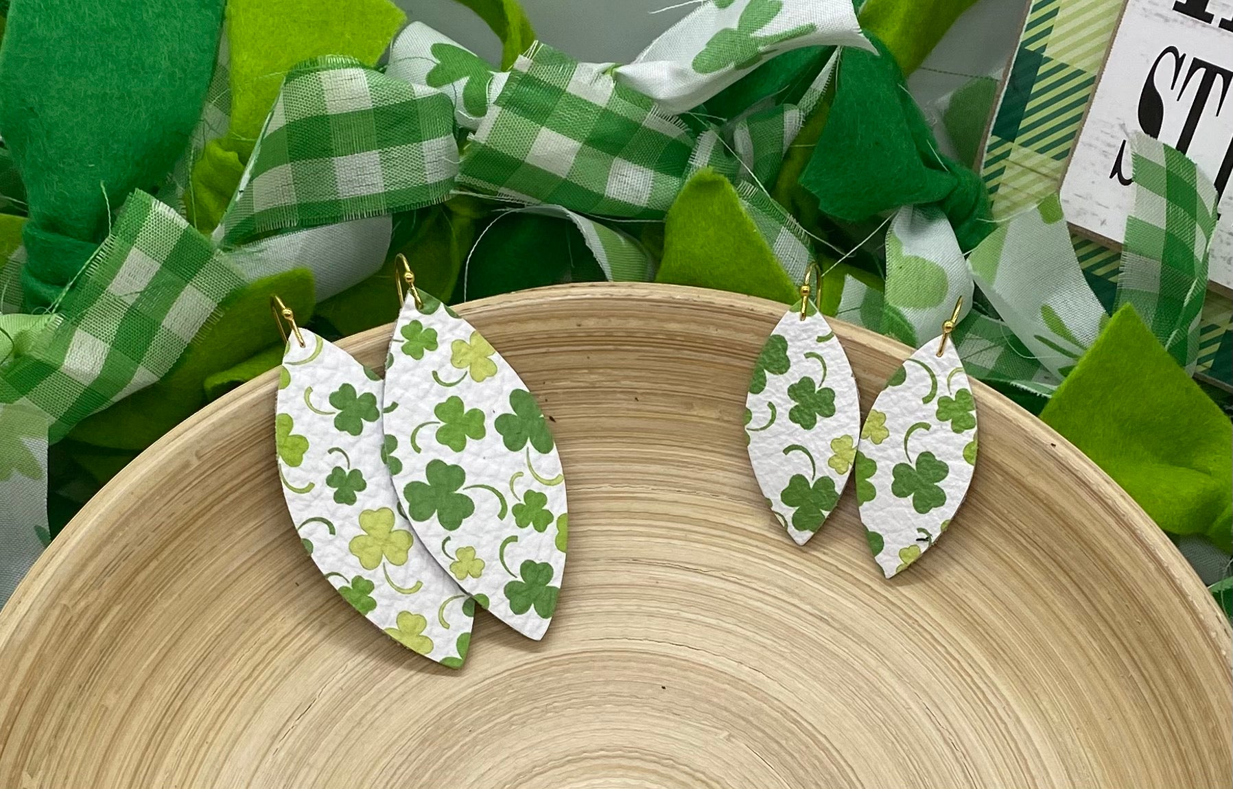 White Shamrock and Clover Print Leather Earrings
