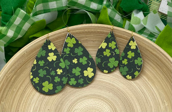 Green Shamrock and Clover Print Leather Earrings