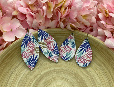Bright Multi-colored Palm Leaves on White Leather Earrings
