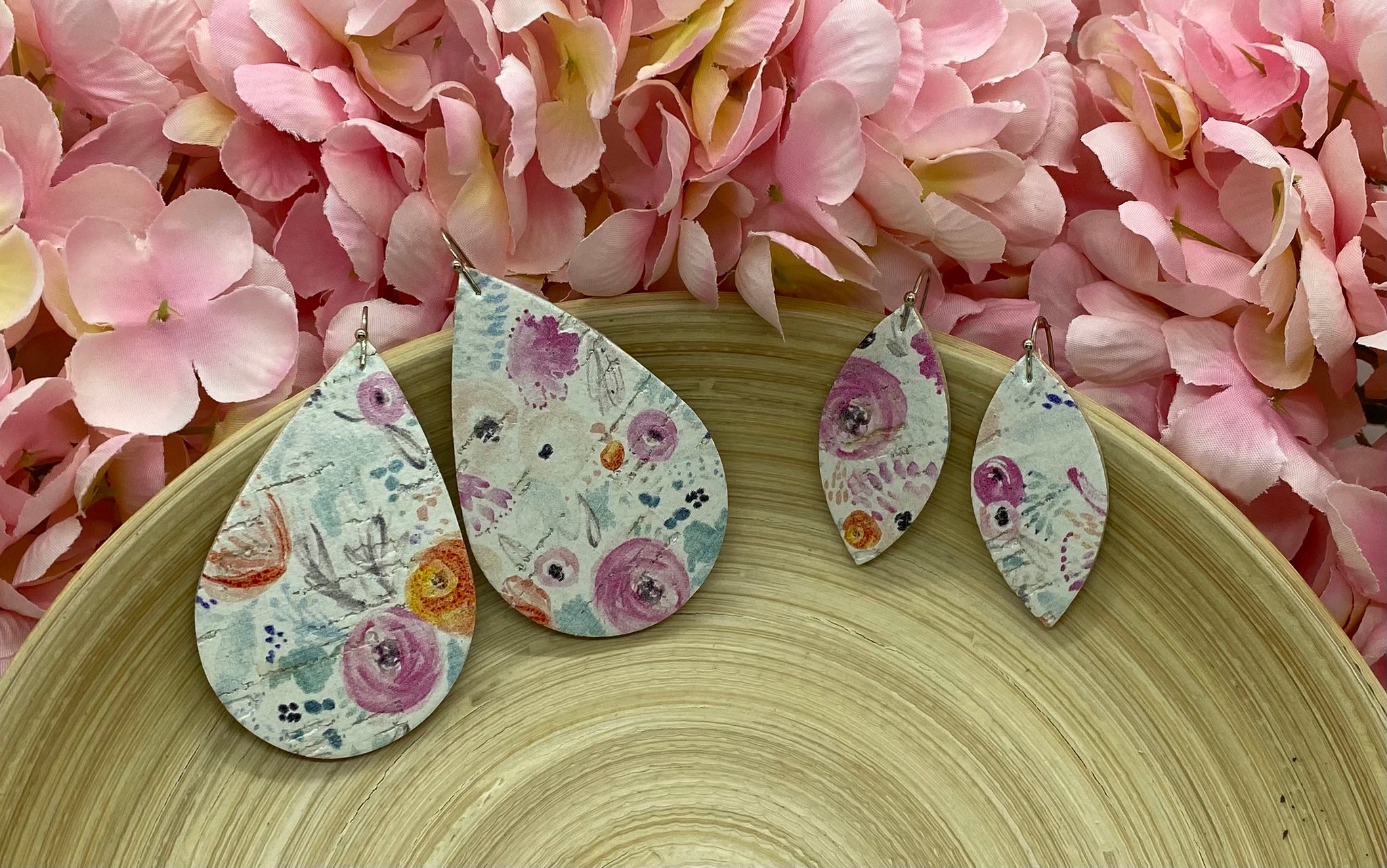 Pink and Orange Water-colored Flowers on White Cork and Leather Earrings
