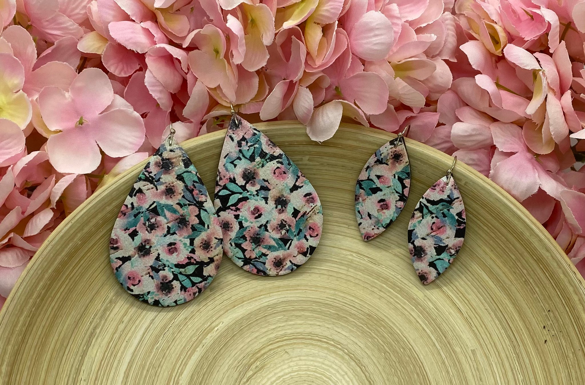 Pink White and Aqua Blue Flowers on Black Leather Earrings