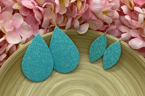 Aqua Blue Fine Glitter Leather Earrings
