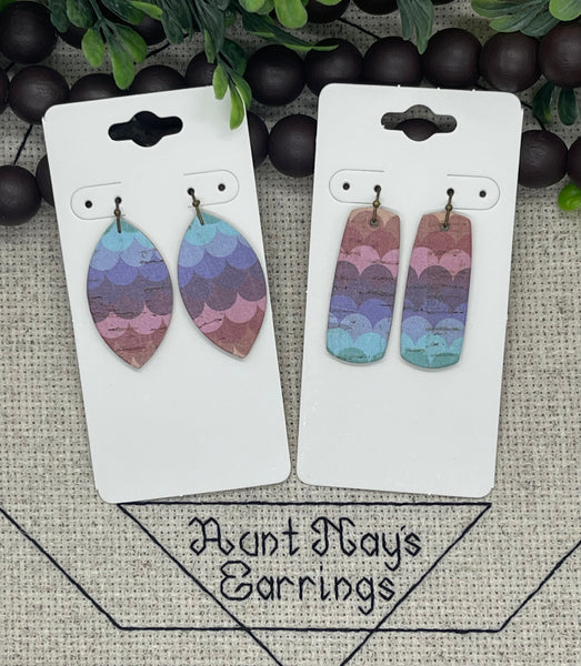Scalloped Rainbow Print Cork on Leather Earrings