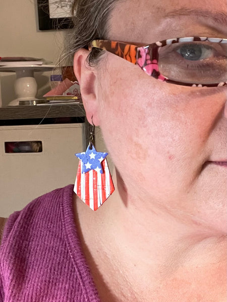 Fringy Red White and Blue Stars and Stripes Layered Leather Earrings