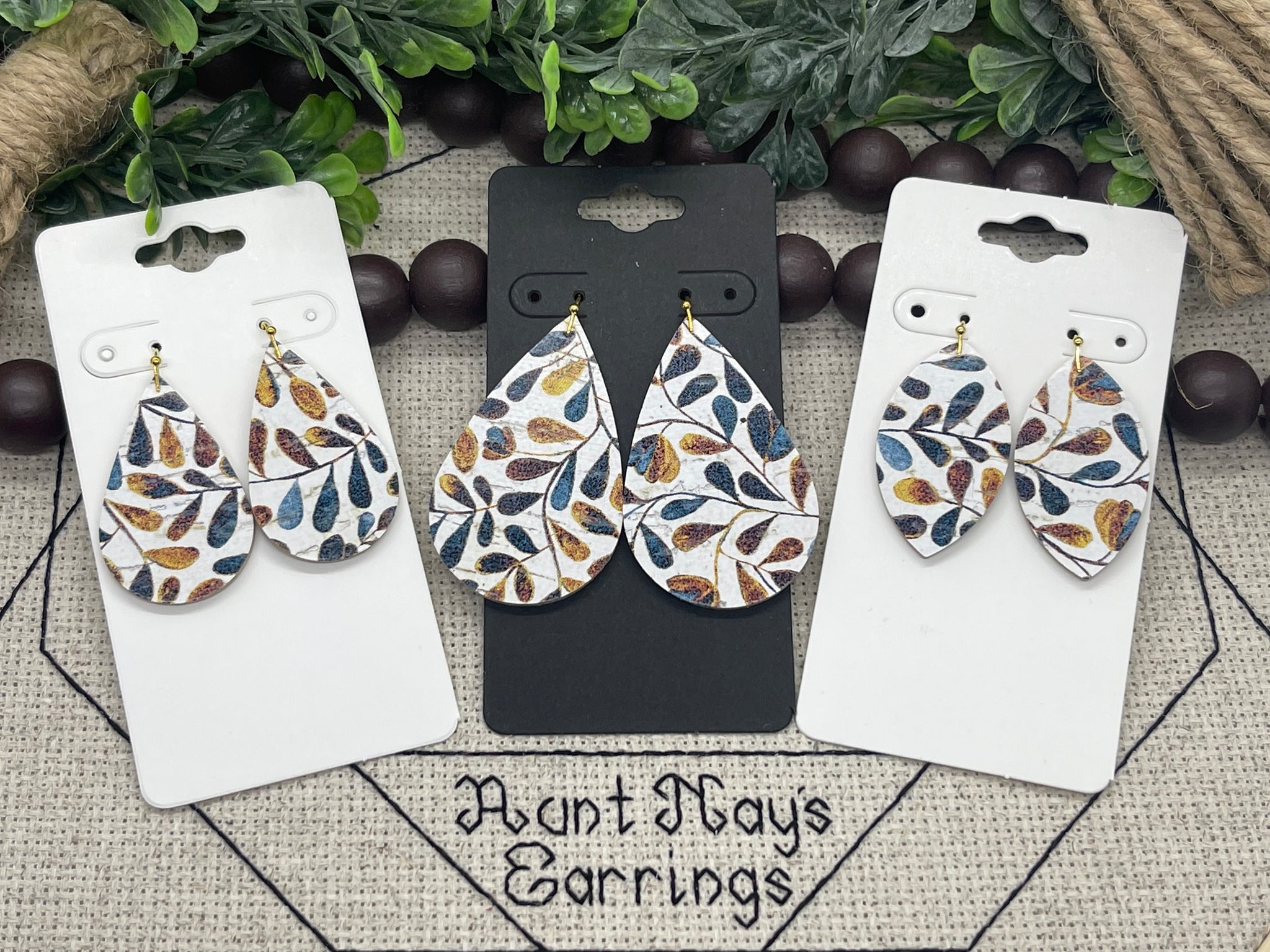 White Cork with a Golden Yellow and Navy Blue Leaf Print on Leather Earrings