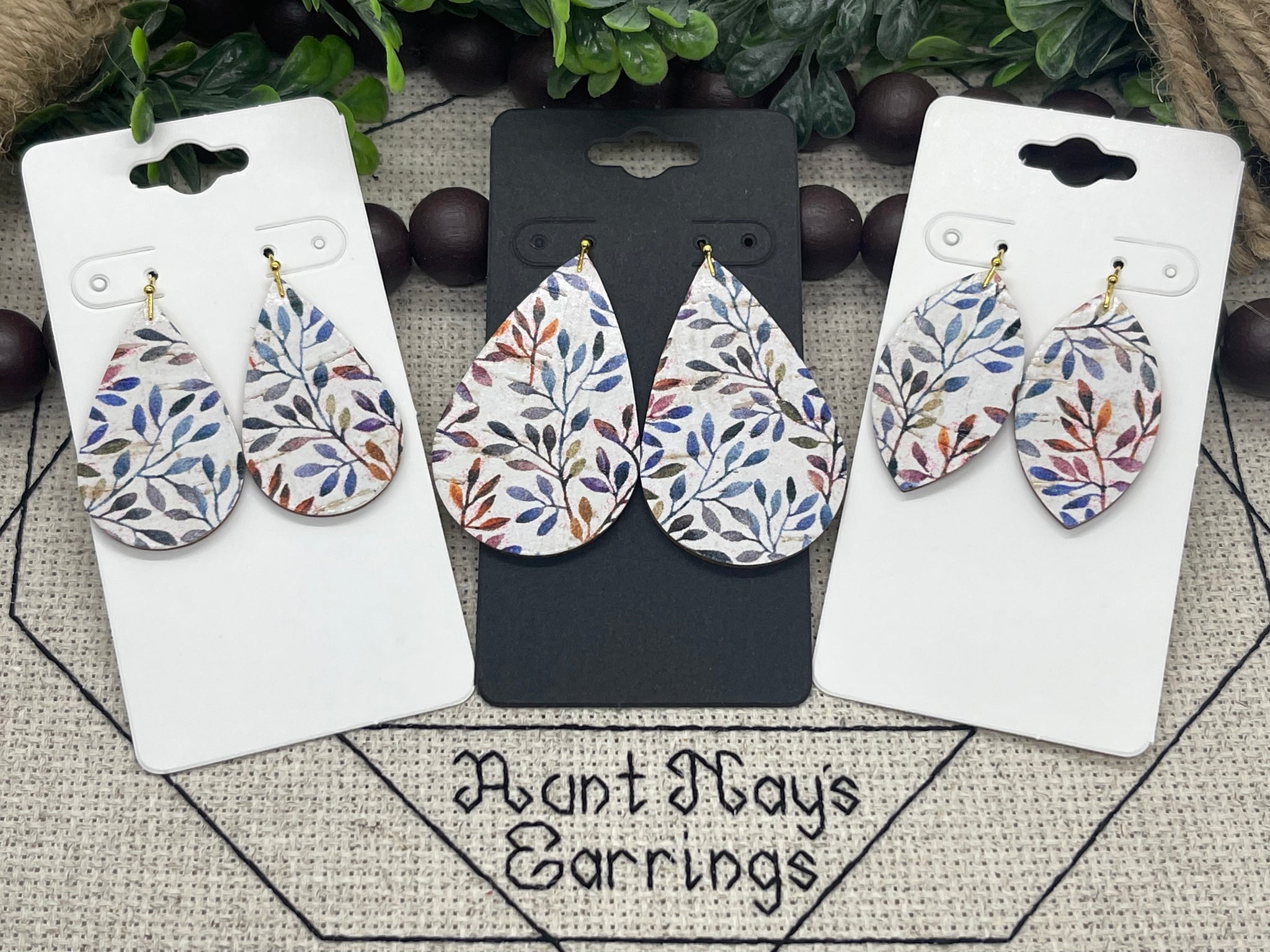 White Cork with a Multi-colored Leaf Print on Leather Earrings
