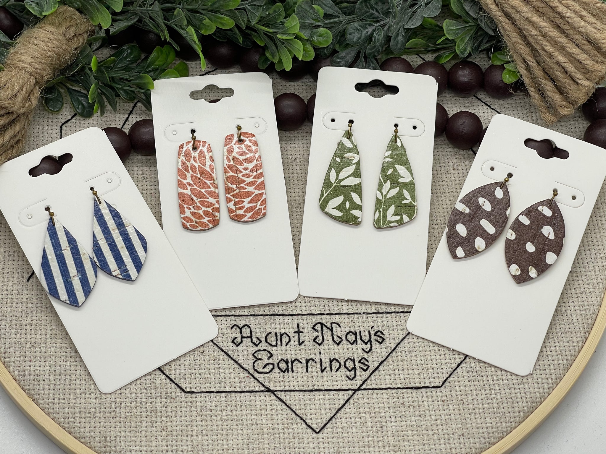 Set of 4 Fall Colored Cork on Leather Earrings - Blue Green Orange and Brown