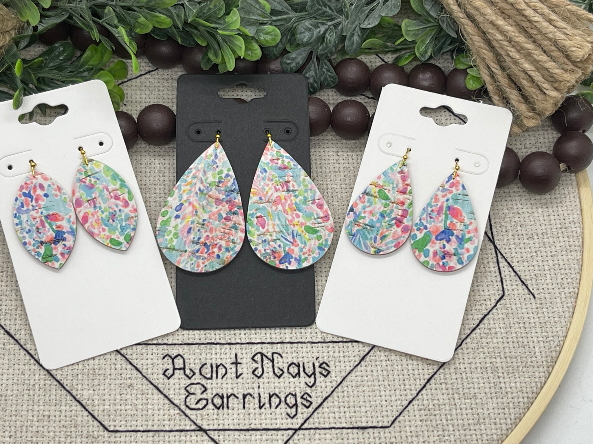 Pulitzer Inspired Spring Pastel Watercolor Floral Print Cork on Leather Earrings