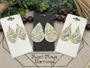 Spring Pastel Floral Print Yellow Blue Pink Cork on Leather Earrings
