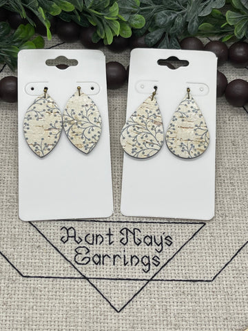 Tiny Blue Floral Print on Creamy White Cork on Leather Earrings
