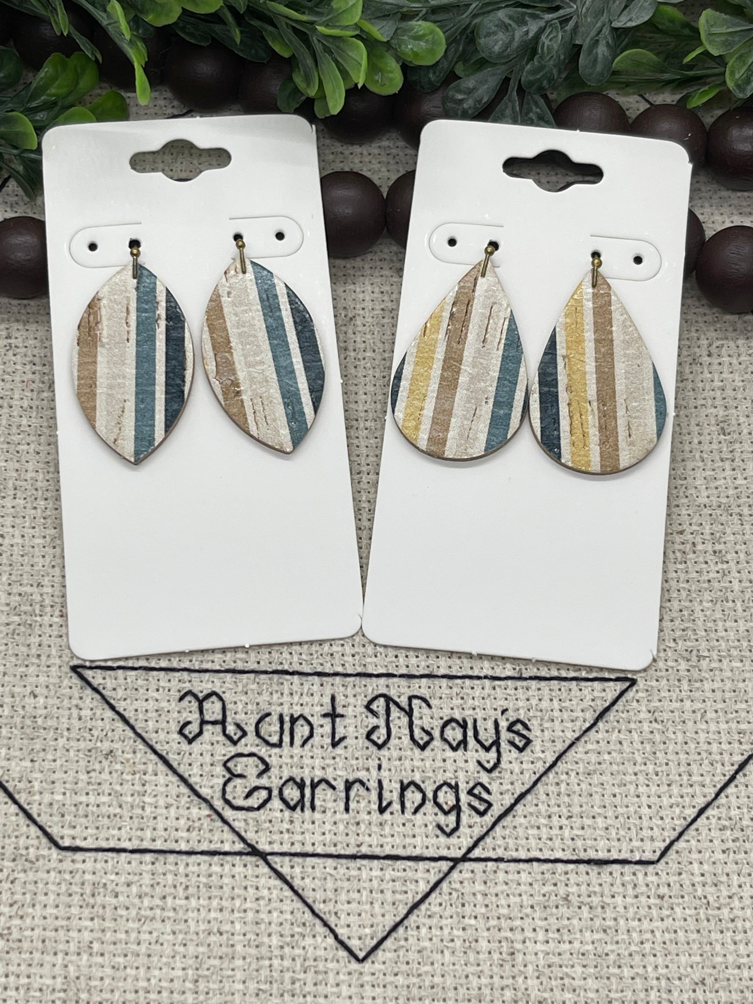 Denim Blues and Mustard Yellow Stripes on Creamy White Cork on Leather Earrings