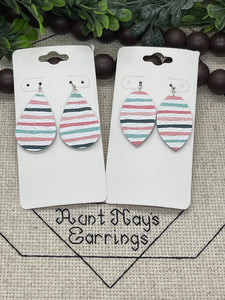 White Leather with Pink Blue and Black Striped Print Leather Earrings