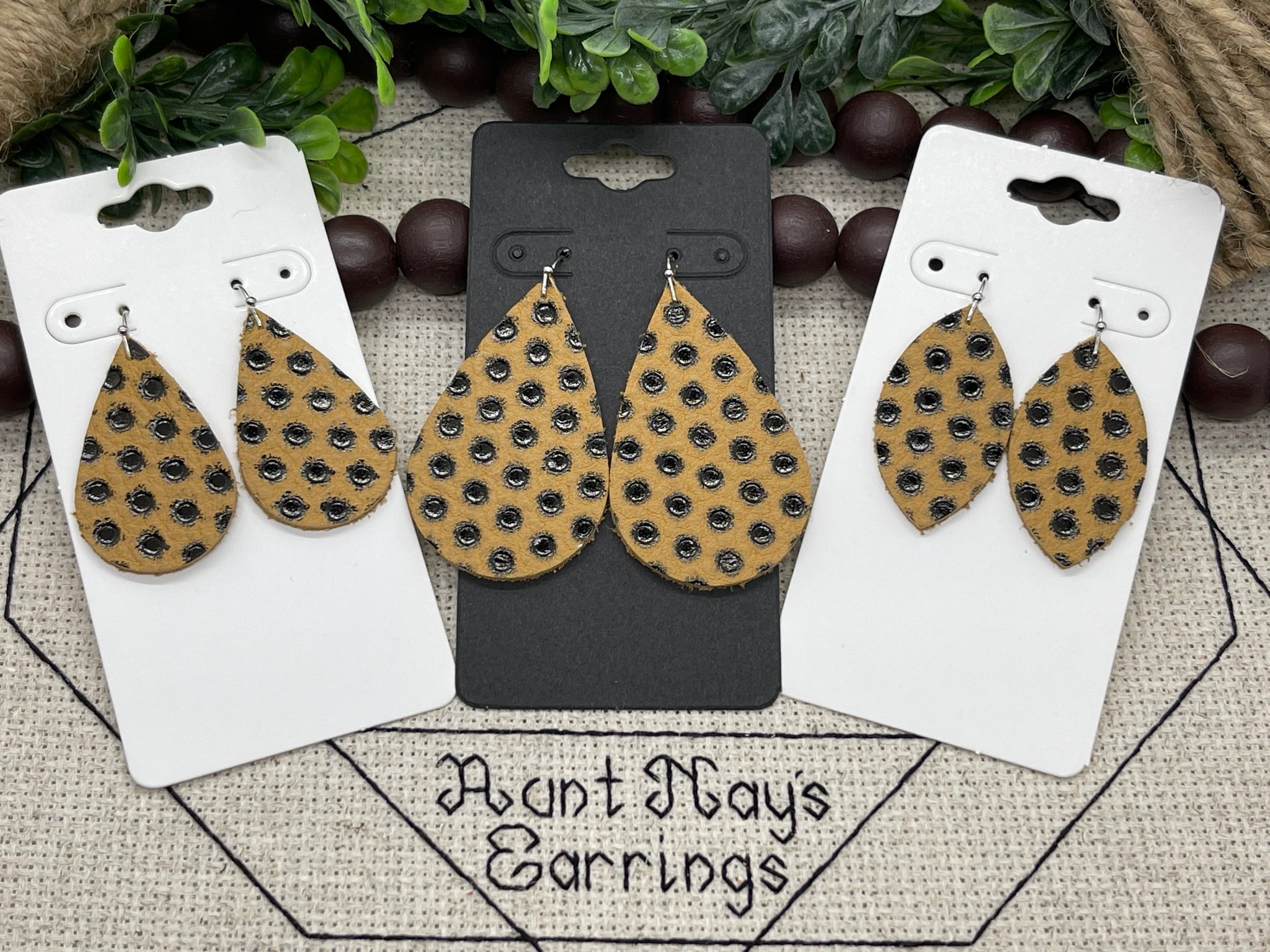 Cognac Brown Tan with Black Dots Leather Earrings