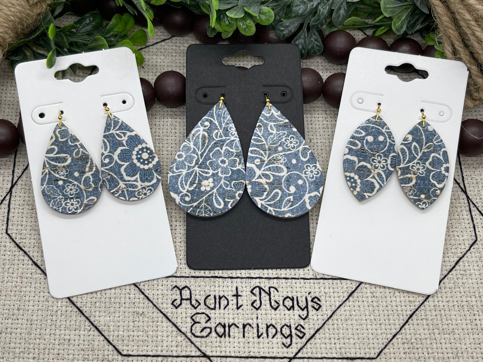 Blue Cork with a White Line Drawn Floral Print on Leather Earrings