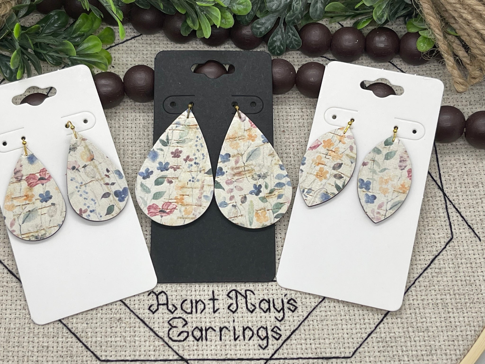 Blue Mauve Pink and Green Floral Print Cork on Leather Earrings