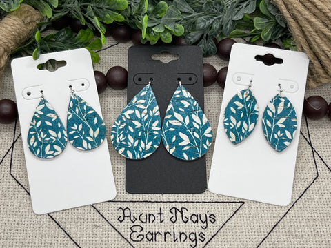 Peacock Teal Blue Cork with a White Leaf Print on Leather Earrings