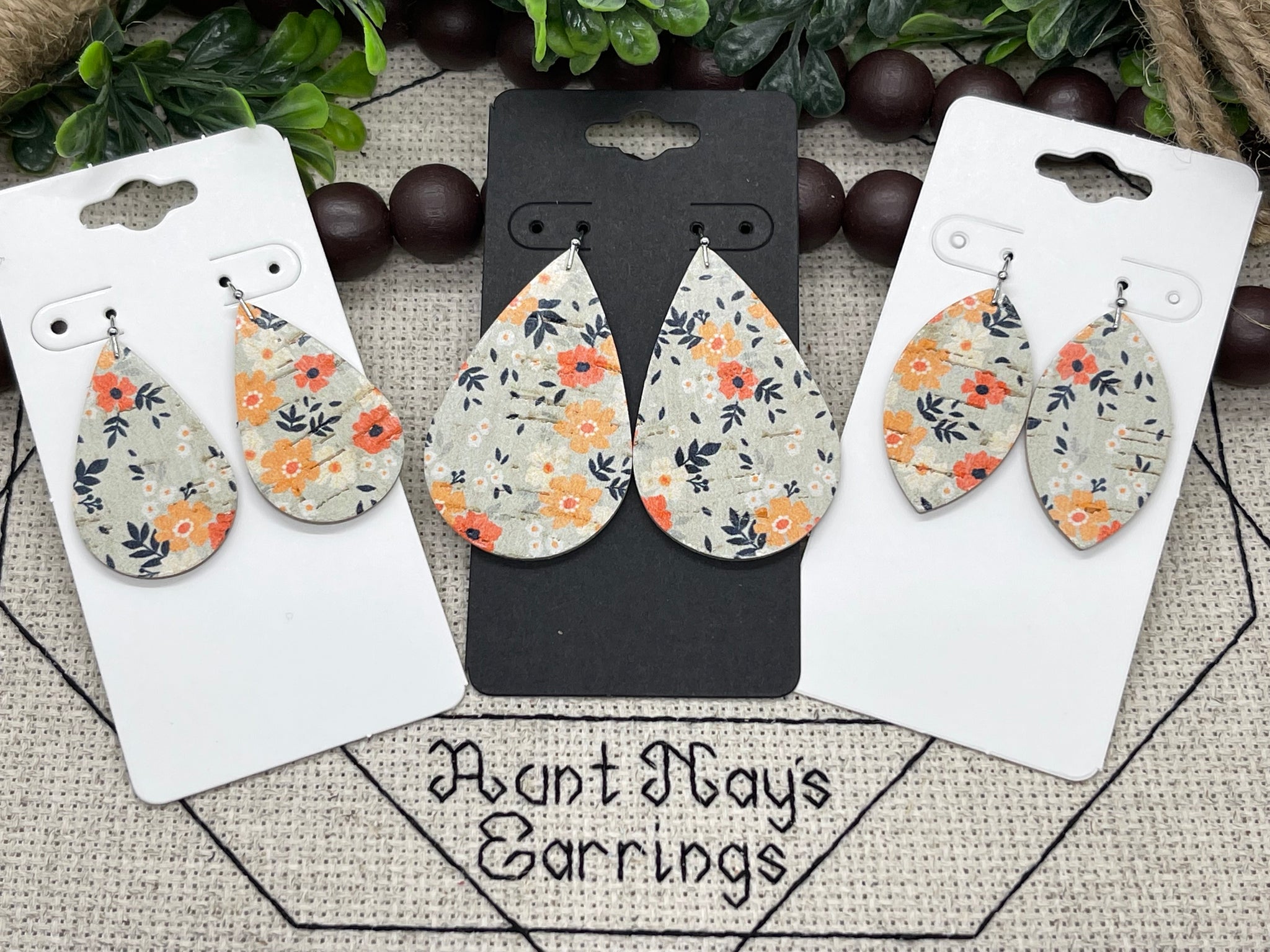 Gray and Orange Flower Print Leather Earrings