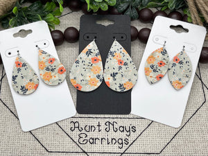 Gray and Orange Flower Print Leather Earrings