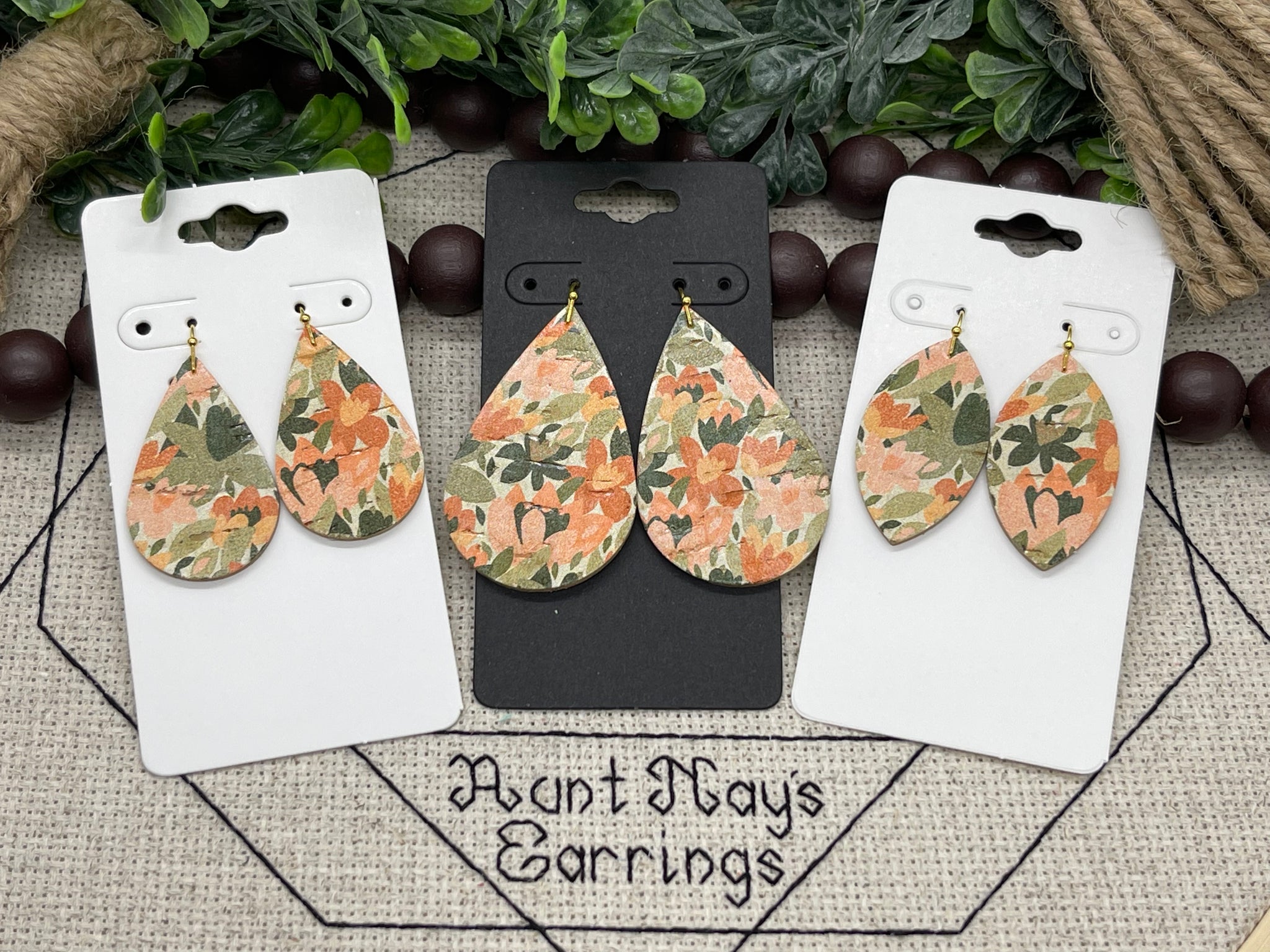 Olive Green and Orange Floral Print Cork on Leather Earrings