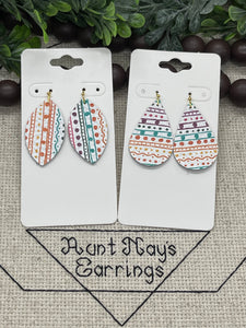 White Leather with Bright Colored Stripes and Dots Leather Earrings