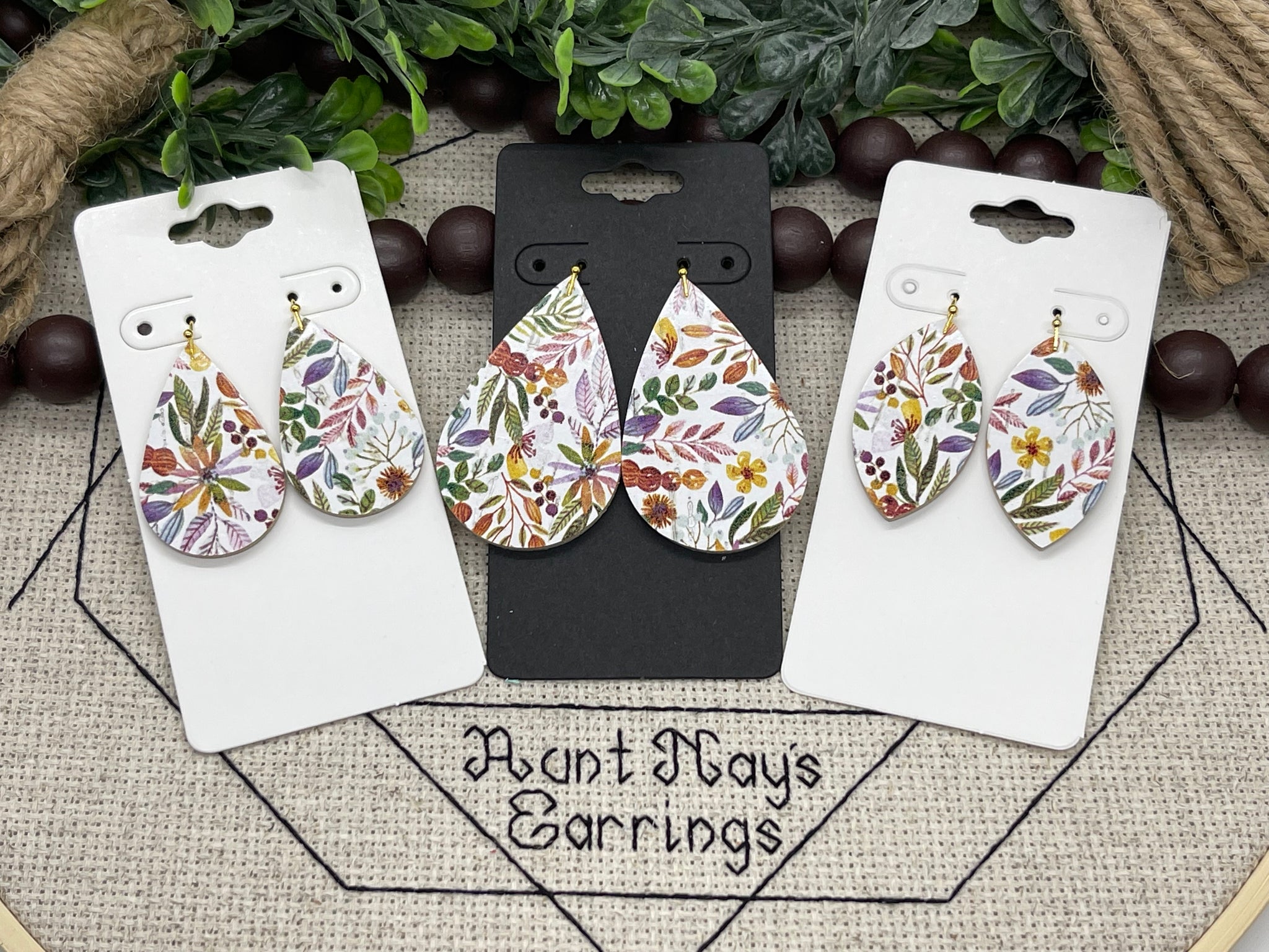 Fall Tropical Floral Print Cork on Leather Earrings