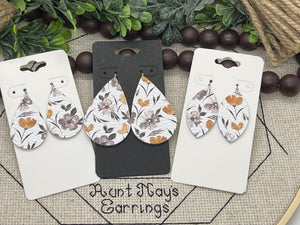 Neutral Gray and Tan Floral Print Leather Earrings