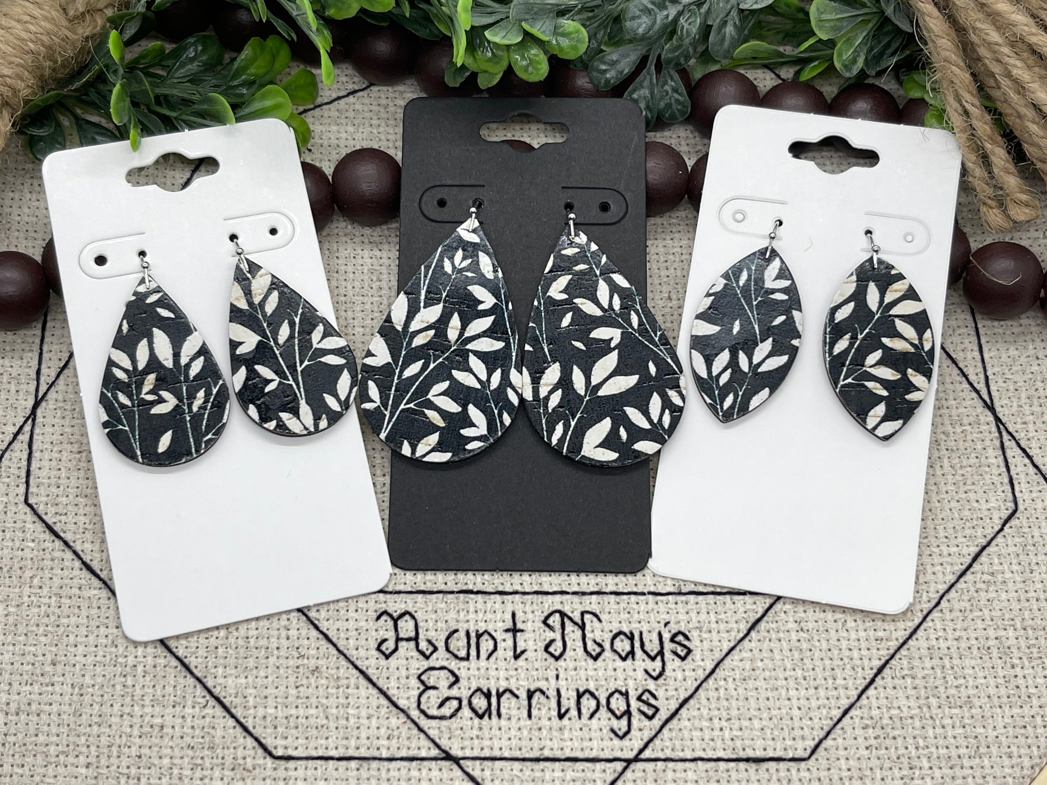 Black Cork with a White Leaf Print on Leather Earrings