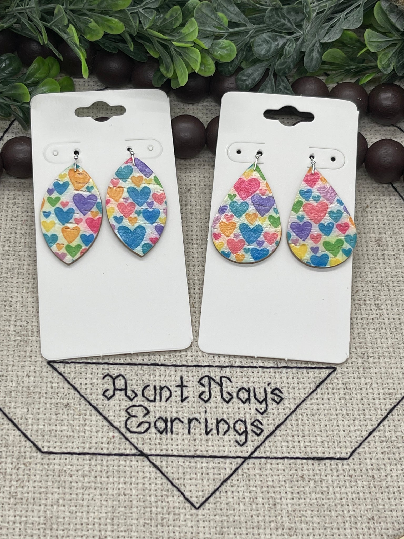 Rainbow Water-color Hearts on Creamy White Cork on Leather Earrings