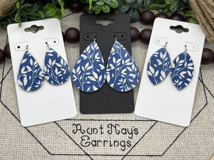 Blue Cork with a White Leaf Print on Leather Earrings